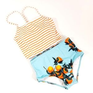 Orange Striped Two Piece Bikini Blue Bottom NWOT